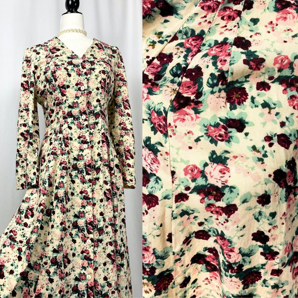 Vintage 90s cream floral rose grunge button up midi fit and flare dress medium